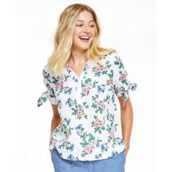Charter Club Tops - Linen Charter Club Luxury Floral Blouse Women's Size Large Pink Blue Cottagecore